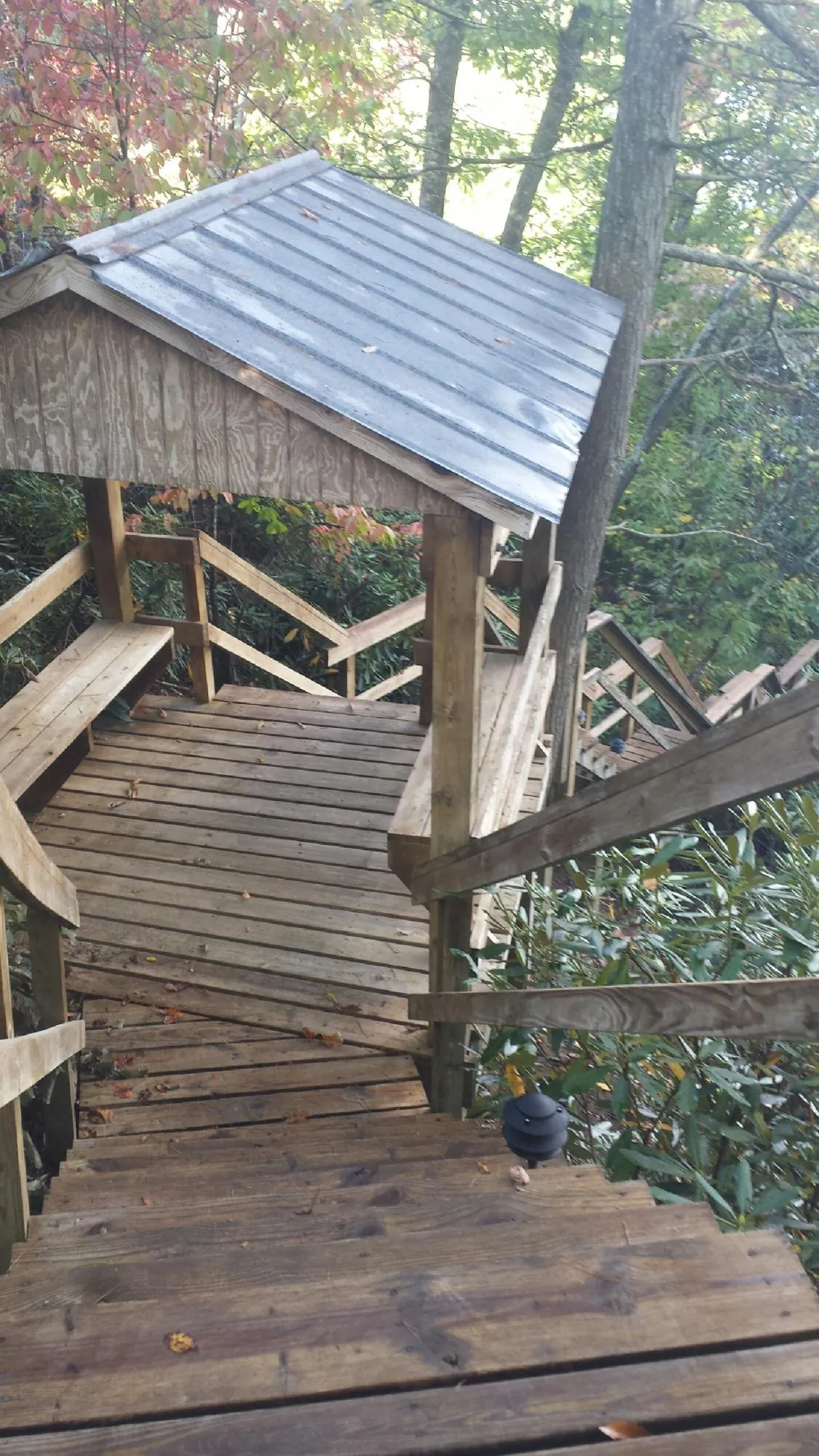 Metal roofed shelter over wooden steps on a wooded walkway — Skylight Repair & Installation work by our crew in East Wenatchee